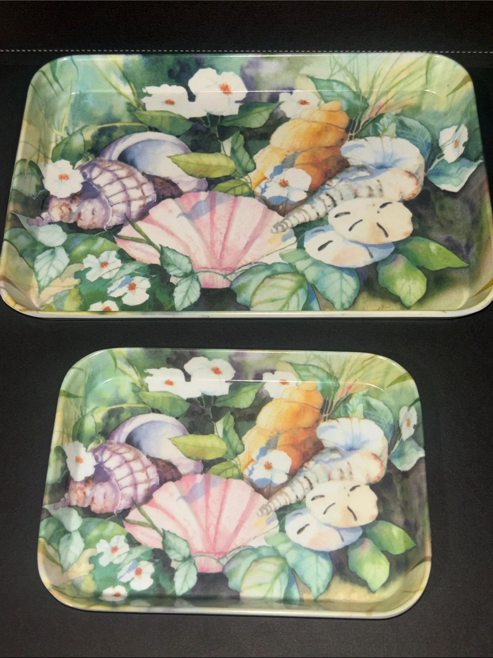2 Vintage Italian tray set ocean shell floral botanical colorful trinket trays